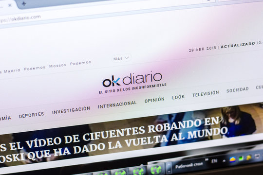 Ryazan, Russia - April 29, 2018: Homepage of Okdiario website on the display of PC, url - Okdiario.com.