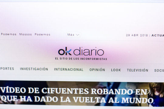 Ryazan, Russia - April 29, 2018: Homepage of Okdiario website on the display of PC, url - Okdiario.com.