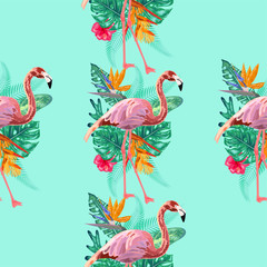 Pink flamingos, exotic birds, tropical palm leaves, trees, jungle leaves seamless floral pattern background