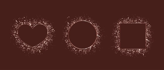 Heart shaped, circle, square frame with rose gold texture, shiny splatters.