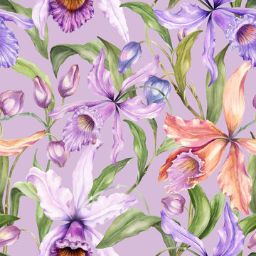 Beautiful exotic orchid flowers (Laelia) and green leaves on lilac background. Seamless tropical floral pattern. Watercolor painting. Hand drawn illustration.