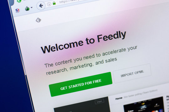Ryazan, Russia - April 29, 2018: Homepage of Feedly website on the display of PC, url - Feedly.com.