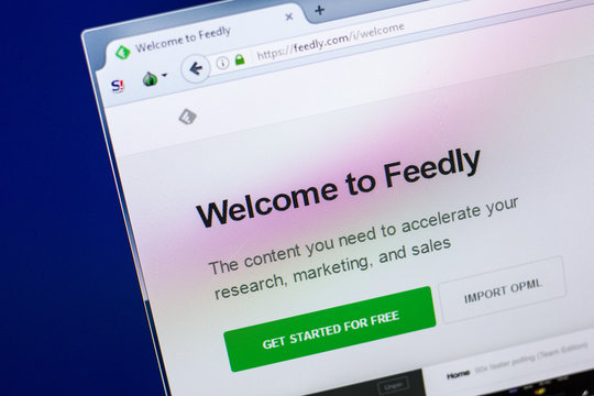 Ryazan, Russia - April 29, 2018: Homepage of Feedly website on the display of PC, url - Feedly.com.