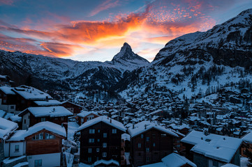Zermatt and Matterhorn in the Alps of Switzerland on a wonderful sunset