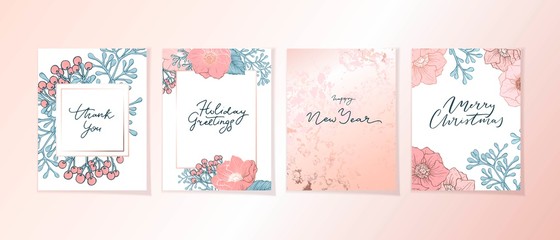 Elegant botaanical card template with flowers, anemones, berries , greenery and marble texture.