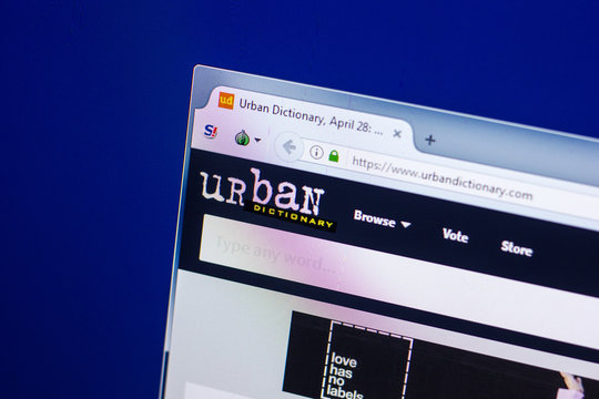Ryazan, Russia - April 29, 2018: Homepage of Urbandictionary website on the display of PC, url - Urbandictionary.com.