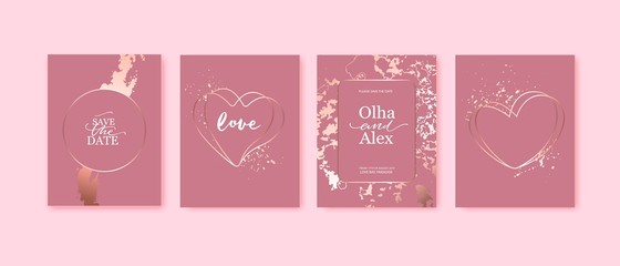 Pink cards with rose gold marble texture and heart shaped frames with splatters. Valentine's day.