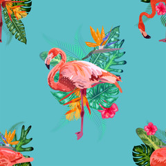 Summer background of hand drawn flamingo and palms. Tropical seamless texture.