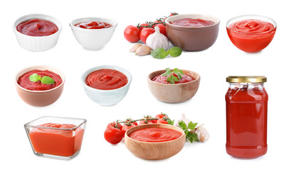 Set of tasty tomato sauce on white background