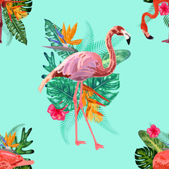 Summer background of hand drawn flamingo and palms. Tropical seamless texture.