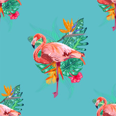 Tropical bird pink flamingo and flowers hibiscus, frangipani, orchid. Seamless pattern