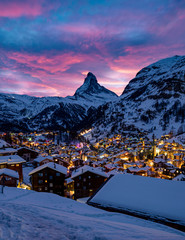 The village of Zermatt in front of the Matterhorn at a wonderful Sunset in the Swiss Alps