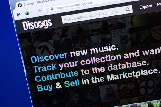 Ryazan, Russia - April 29, 2018: Homepage of Discogs website on the display of PC, url - Discogs.com