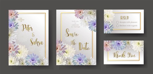 Set of Wedding invitation Card with chrysanthemum flower on gold frame vector illustration