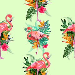 cute pastel pattern with flamingos, monstera and palm leaves. notebook cover, textile, greeting cards and party invitations