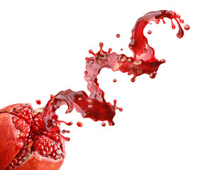 Fresh pomegranate fruit juice or wine 3D splash wave with ripe pomegranate. Organic juice splashing label design isolated on white background. Pomegranate juice advertising package ad design element - obrazy, fototapety, plakaty
