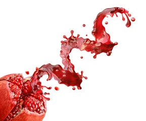 Rolgordijnen Fresh pomegranate fruit juice or wine 3D splash wave with ripe pomegranate. Organic juice splashing label design isolated on white background. Pomegranate juice advertising package ad design element © Corona Borealis