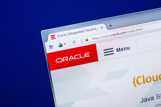 Ryazan, Russia - April 29, 2018: Homepage of Oracle website on the display of PC, url - Oracle.com