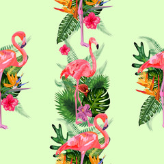 cute pastel pattern with flamingos, monstera and palm leaves. notebook cover, textile, greeting cards and party invitations