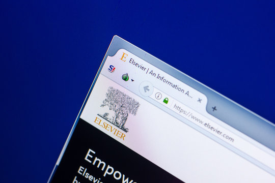 Ryazan, Russia - April 29, 2018: Homepage of Elsevier website on the display of PC, url - Elsevier.com