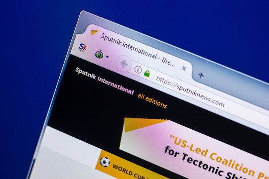 Ryazan, Russia - April 29, 2018: Homepage of Sputniknews website on the display of PC, url - Sputniknews.com