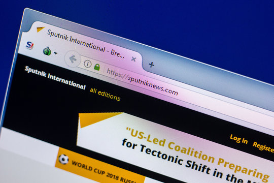 Ryazan, Russia - April 29, 2018: Homepage of Sputniknews website on the display of PC, url - Sputniknews.com