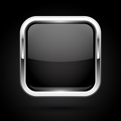 Black glass button with metal frame. Square icon on black background