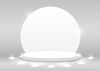 Stage Podium Scene for Award Ceremony illuminated with spotlight. Award ceremony concept. Stage backdrop.