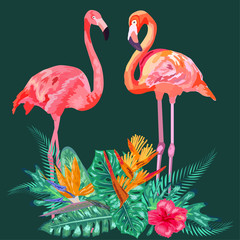 Decorated with exotic rain forest jungle palm tree monstera leaves and couple of pink flamingo birds.