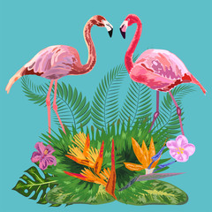 Decorated with exotic rain forest jungle palm tree monstera leaves and couple of pink flamingo birds.