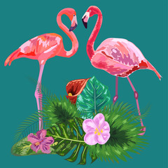 Decorated with exotic rain forest jungle palm tree monstera green leaves and couple of pink flamingo birds.