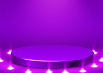 Abstract round podium illuminated with spotlight. Award ceremony concept. Stage backdrop.