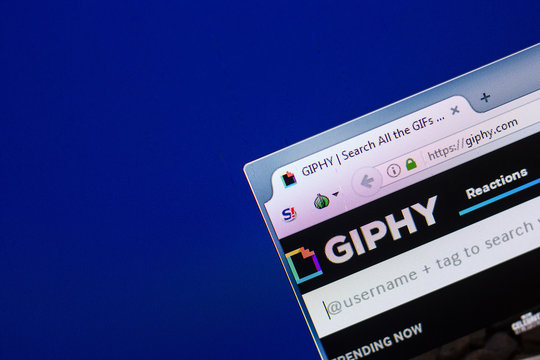 Ryazan, Russia - April 29, 2018: Homepage of Giphy website on the display of PC, url - Giphy.com.
