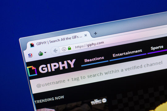 Ryazan, Russia - April 29, 2018: Homepage of Giphy website on the display of PC, url - Giphy.com.