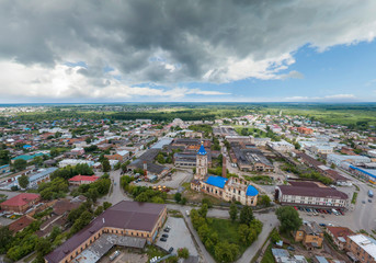 Church in Irbit city. Russia, Sverdlovsk region, aerial