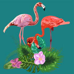 Plakaty  Udekorowana egzotyczną dżunglą dżungli palmą monstera, zielonymi liśćmi i kilkoma różowymi flamingami.