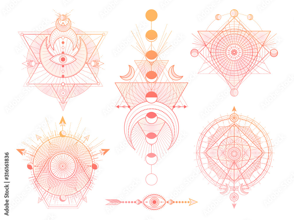 Canvas Prints vector set of sacred geometry symbols with moon, eye and arrows on white background. abstract mystic