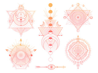 Vector set of Sacred geometry symbols with moon, eye and arrows on white background. Abstract mystic signs collection.