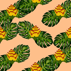 Summer seamless tropical pattern with bright yellow and pink plants and leaves.
