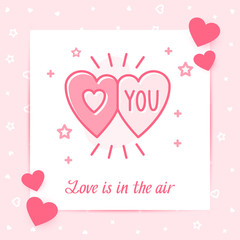Two heart valentine card Love you text icon vector