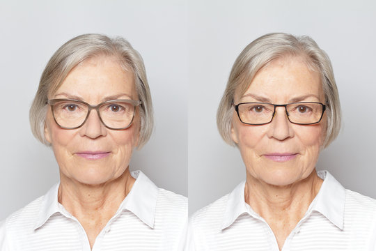 Shopping eyeglasses online with try-on feature: photo of a senior woman with two different frames.