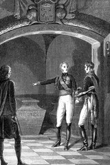 Emperor Alexander I of Russia and the King of Prussia in front the tomb of Frederik the Great. Napoleonic wars.  Antique illustration. 1890.