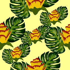 Summer seamless tropical pattern with bright yellow and pink plants and leaves.