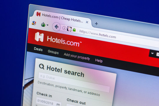 Ryazan, Russia - April 29, 2018: Homepage of Hotels website on the display of PC, url - Hotels.com