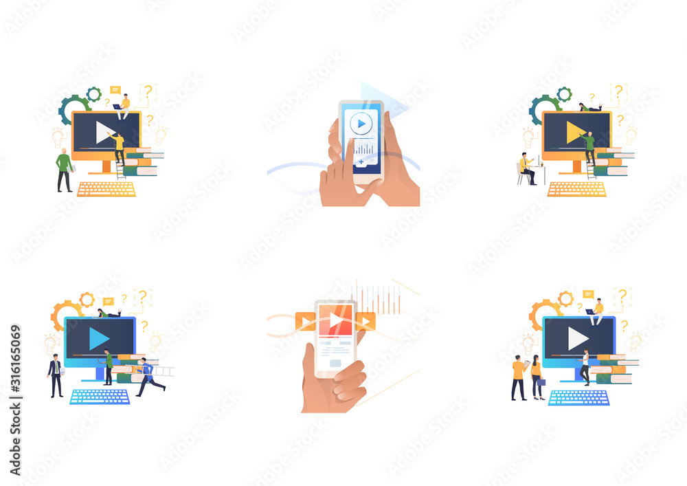 Poster online footage set. people using computer or smartphone with play button on screen. flat vector illu
