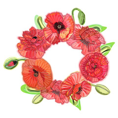 Wreath of watercolor poppies, congratulation template