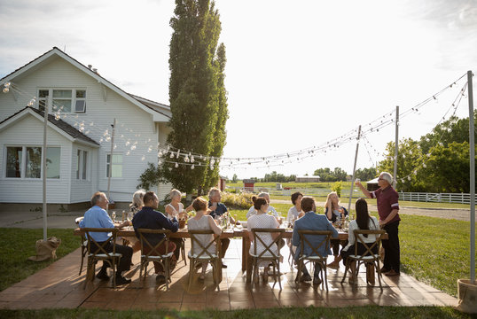 Man celebrating, toasting friends at sunny rural garden party table