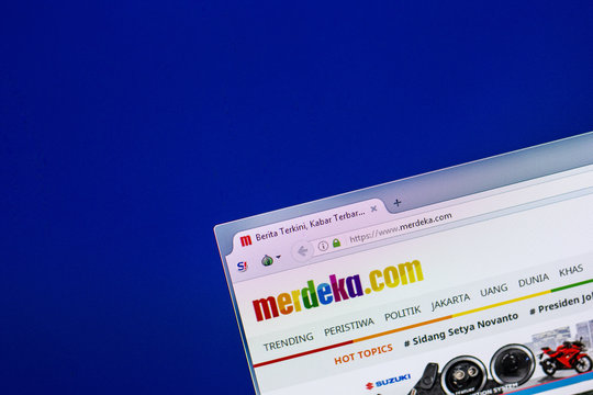 Ryazan, Russia - April 29, 2018: Homepage of Merdeka website on the display of PC, url - Merdeka.com