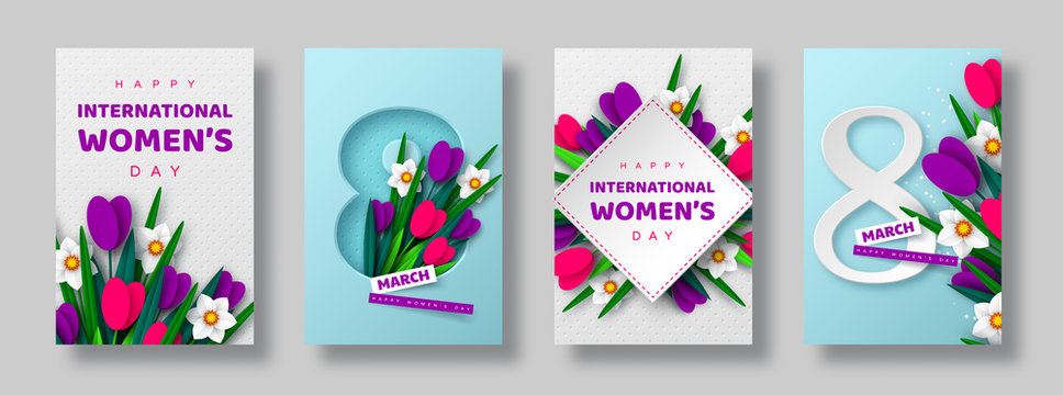 8 March greeting cards for International Womens Day. 3d paper cut number 8 with bouquet of spring flowers tulip and narcissus, turquoise background. Vector illustration.
