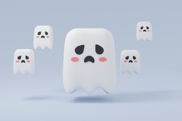 Happy Halloween. Cute White Little Ghost Funny Simple Cartoon Flying on Blue Pastel Background. for minimal idea creative concept. 3D Illustration